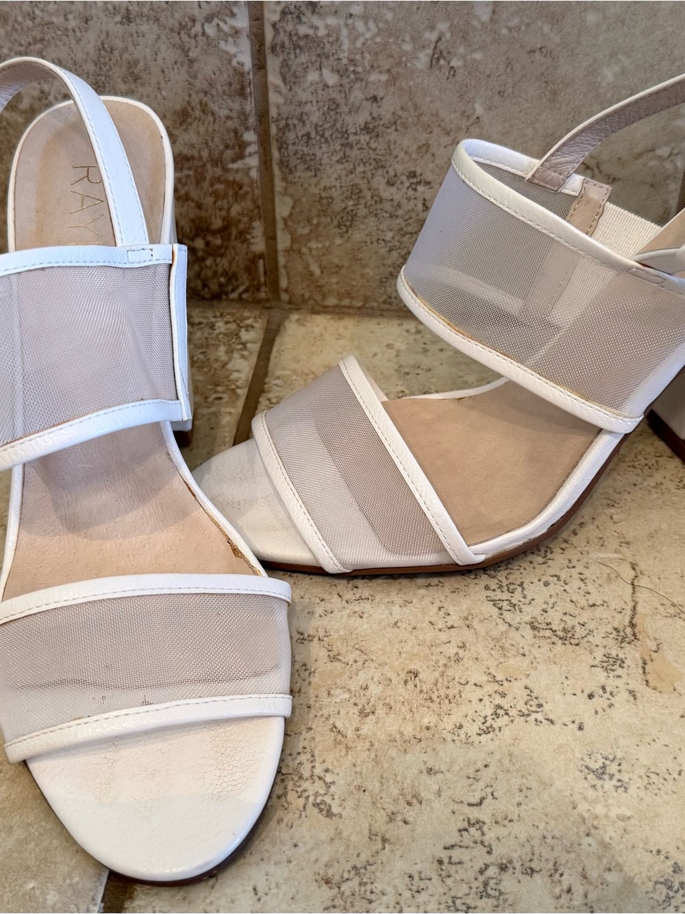 RAYE White Mesh Strap Block Heel Sandals